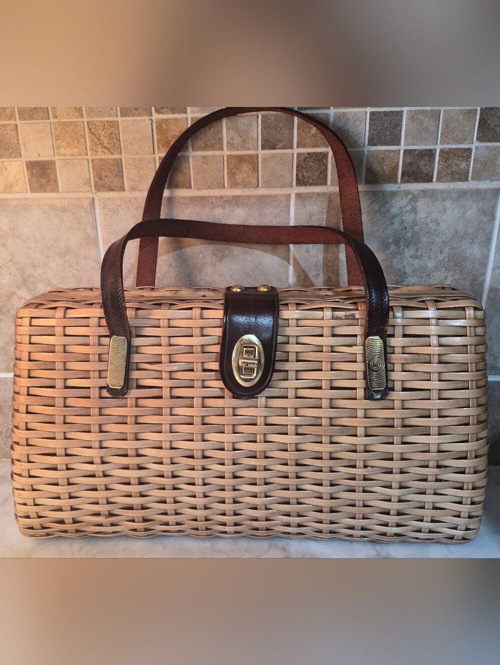 Vintage Handmade Basket Wicker & Leather Purse ,1950s-1960s, Made In Hong Kong